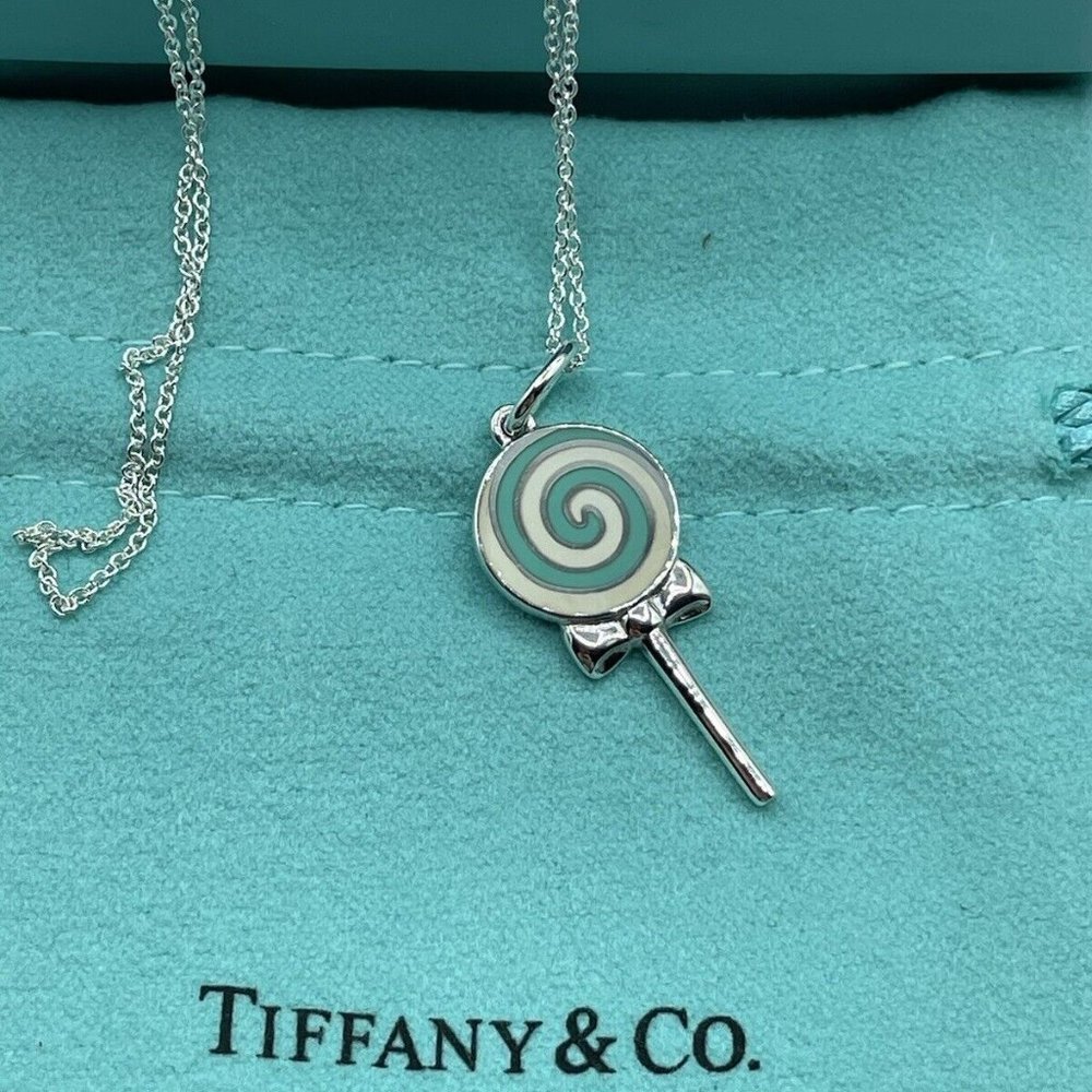 Tiffany & Co 925 Sterling Silver Lollipop Blue Enamel Necklace 18"